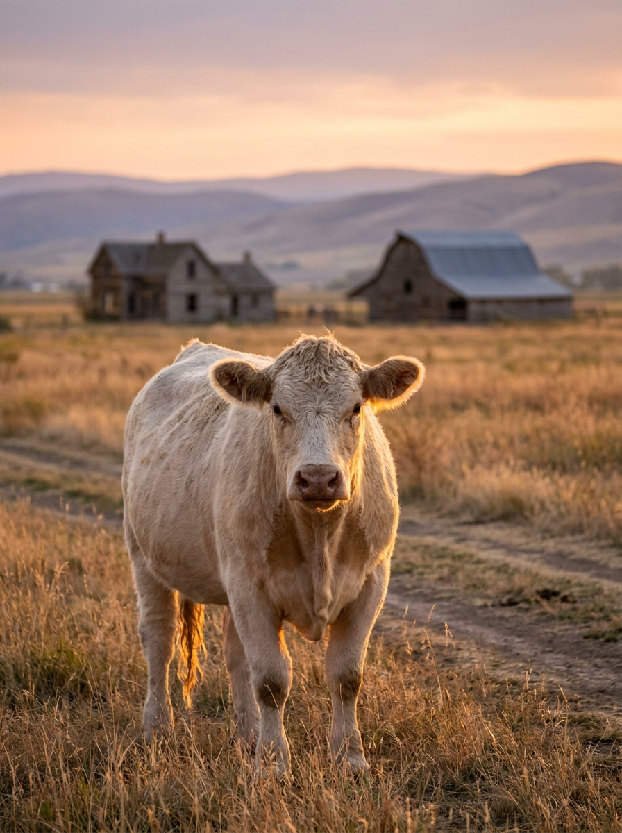 A Wild West Cattle Ranch cow at golden hour